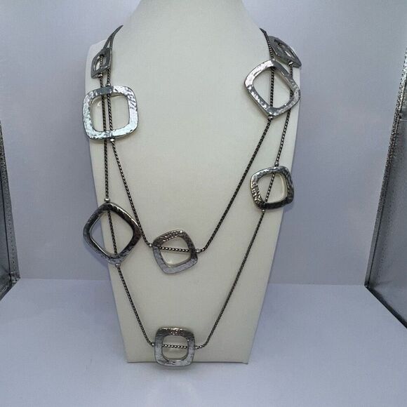 Chico's Double Strand Long Necklace Silver Tone Statement Squares Art Deco - Picture 1 of 6